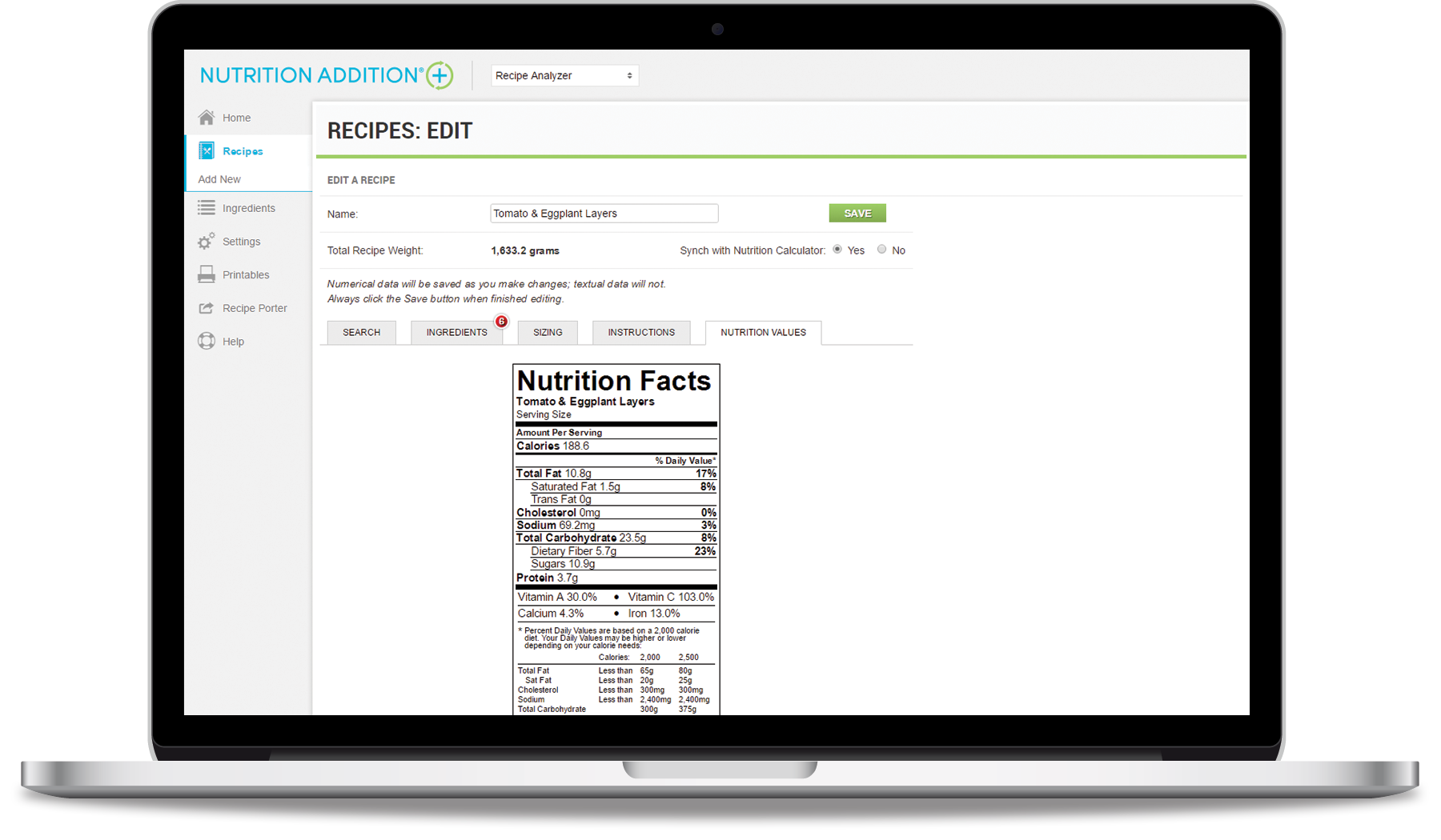 Nutritional values for a recipe